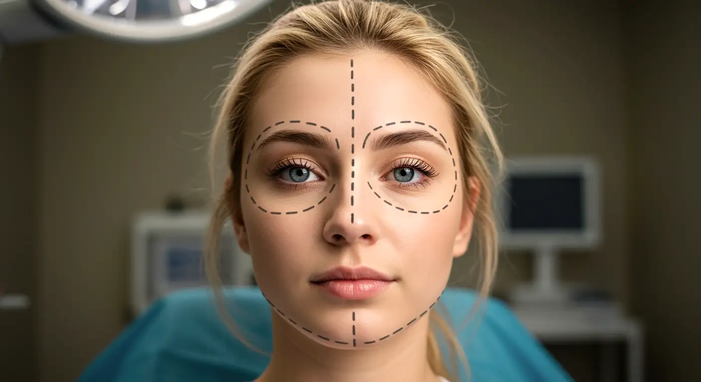 Immagine volto di donna con linee di esempio per medicina estetica