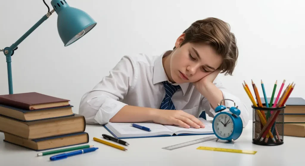 Bambino vestito con camicia e cravatta che dorme seduto invece di studiare