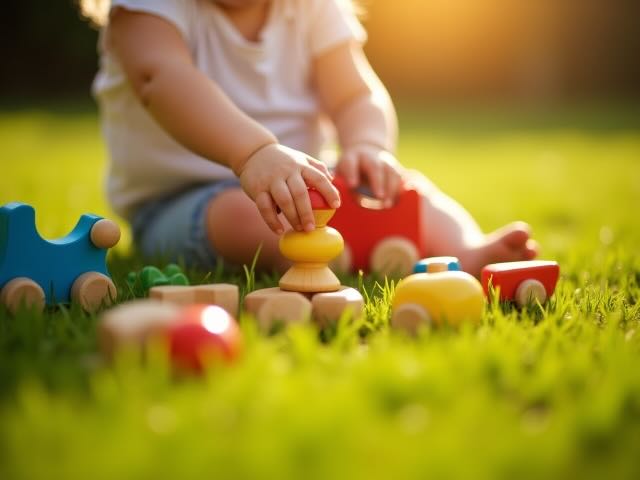 bambina gioca su un prato con giocattoli in legno