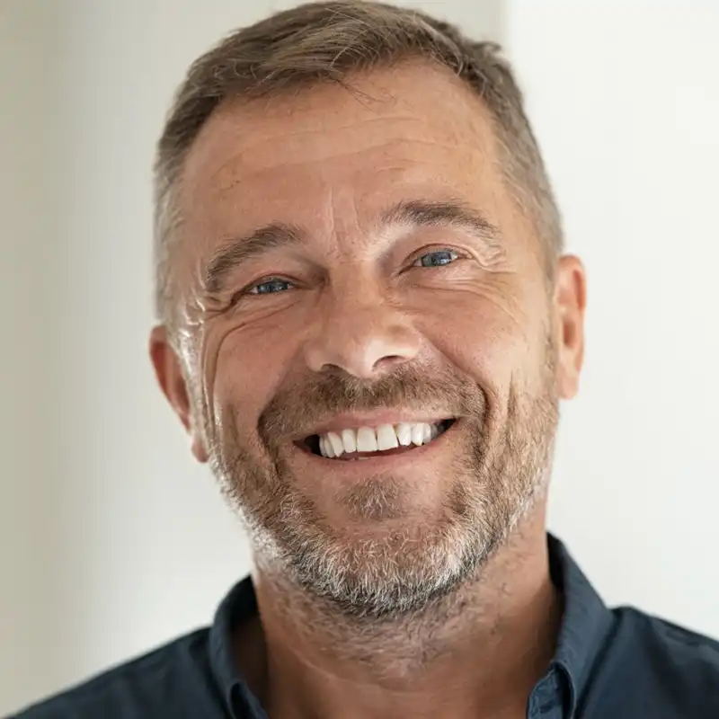 uomo con impianti dentali e sorriso perfetto