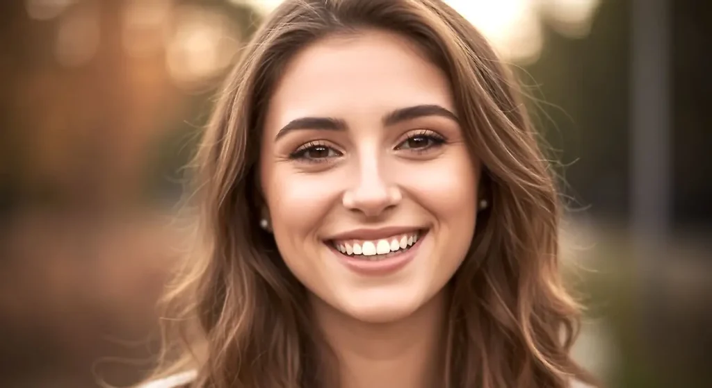 Ragazza sorridente mostra denti trattati con faccette in ceramica
