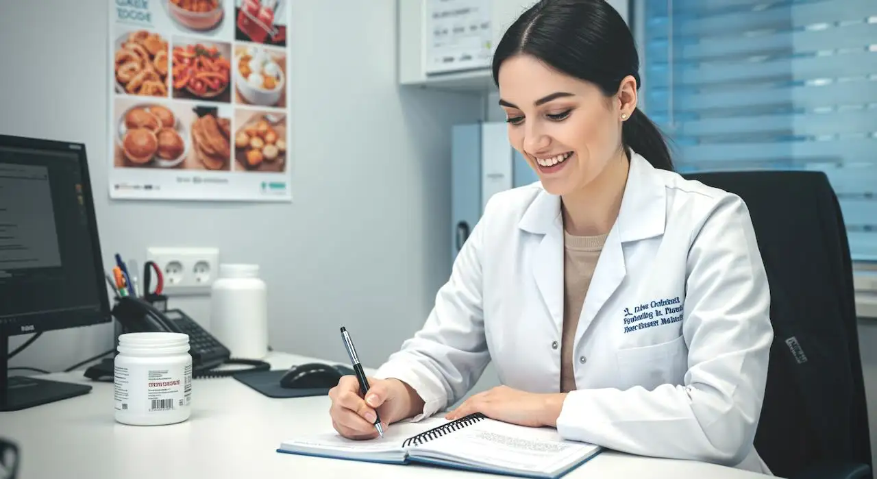 dottoressa seduta alla scrivania prepara ricetta medica